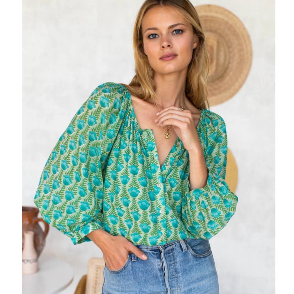 FRANCES BLOUSE - FRIDA BLUE GREEN ORGANIC